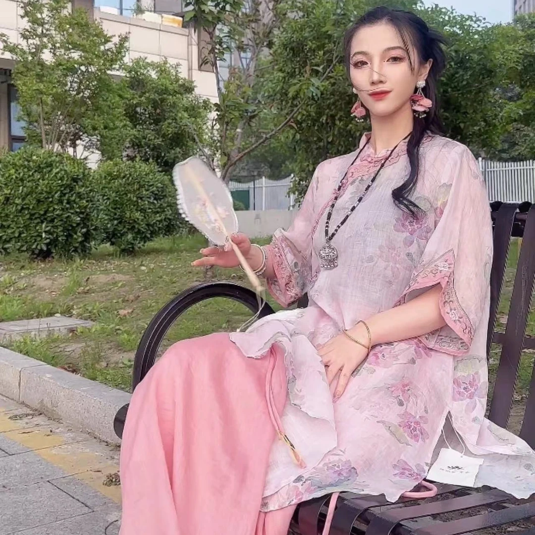 【彩云款】复古国风苎麻印花夏季圆领斜襟盘扣中长款茶服上衣宽松