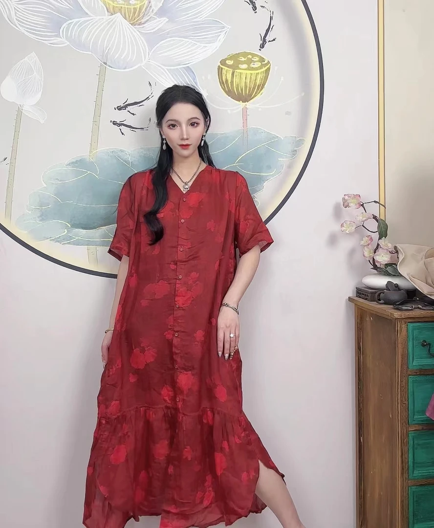 【鱼尾裙】早秋国风苎麻印花夏季圆领斜襟盘扣中长款茶服上衣绣花