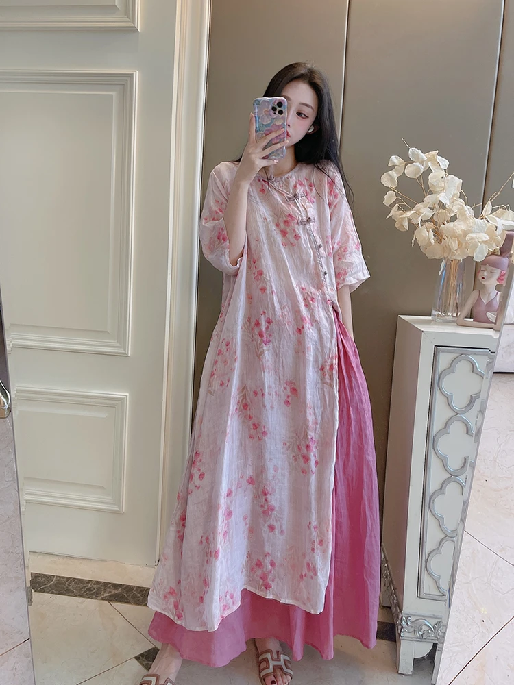 【千娇百媚】夏季印花连衣裙女短袖宽松遮肚衣服大码复古禅意袍子