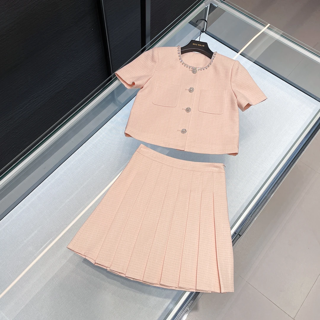 温柔粉色百搭套装小香风法式轻奢上衣半身裙两件套DY3619