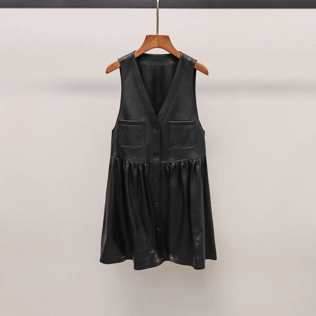 秋季学院风V领小个子拼接蓬蓬无袖收腰背心连衣裙 LA9371