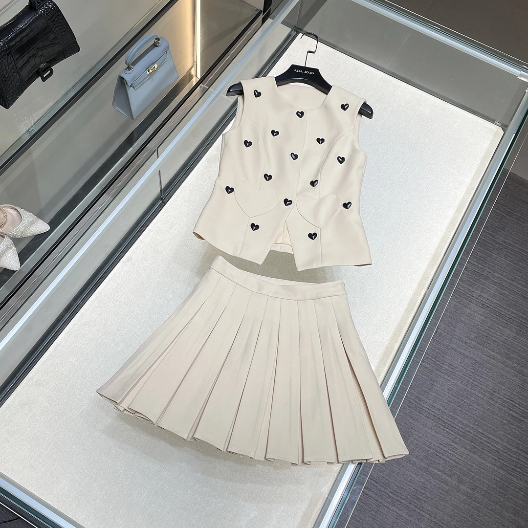 新款修身西装马甲背心百褶半身短裙两件套装女DY4088