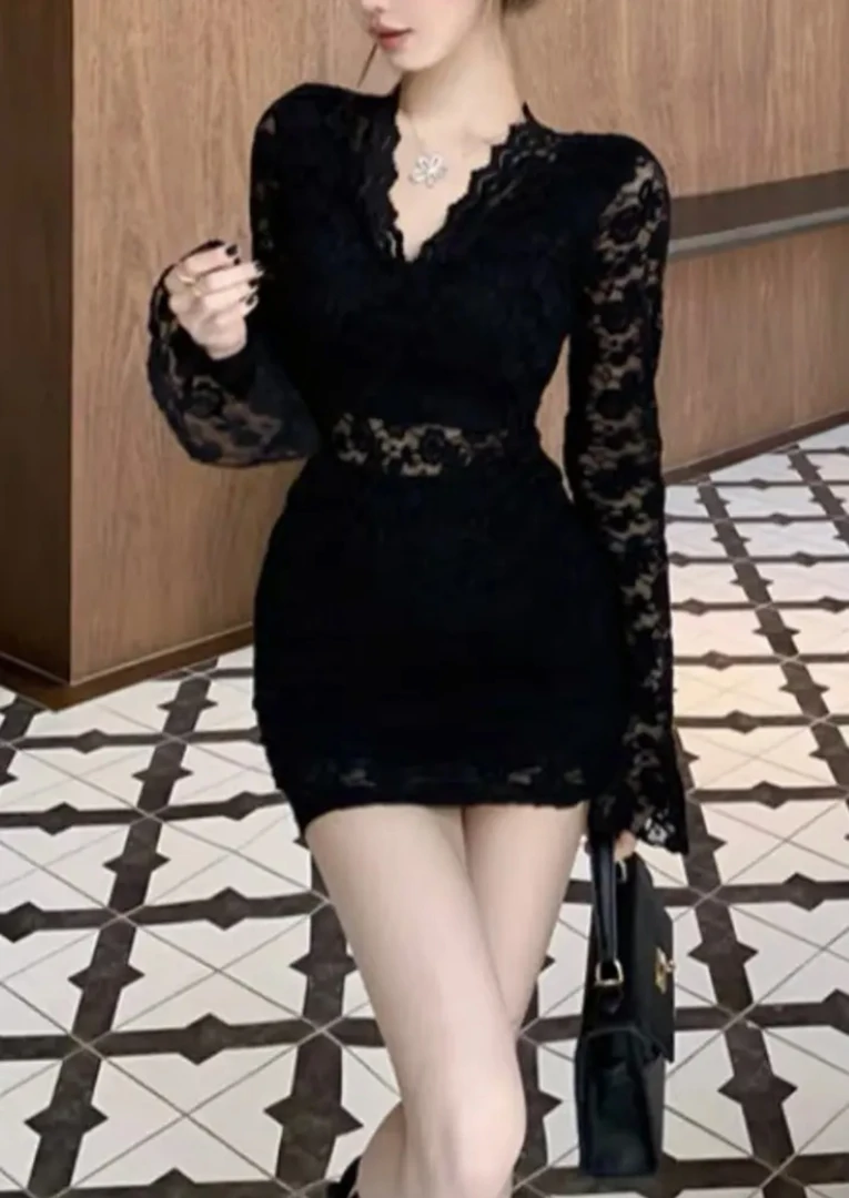 【三三推荐】长短款气质纯欲站神性感美蕾丝V领辣妹礼服裙3329