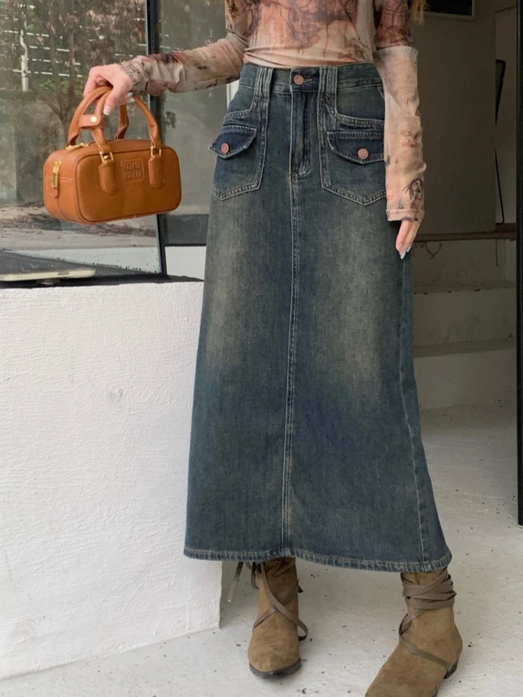 实体品质美式复古高腰工装牛仔裙女水洗做旧开叉半身裙a字裙