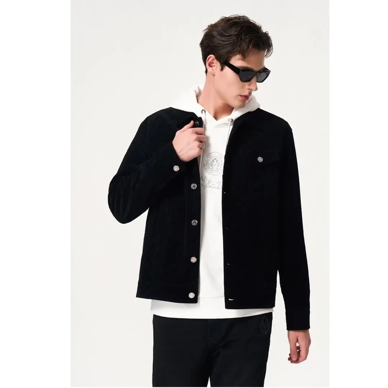 MANGANO秋季男士翻领短版茄克合身提花休闲黑色外简约潮流7242104