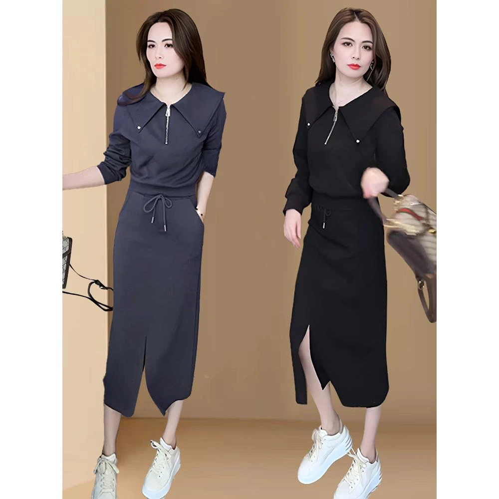 高腰显瘦时尚套装女2025早秋季新款洋气减龄卫衣开叉半身裙两件套