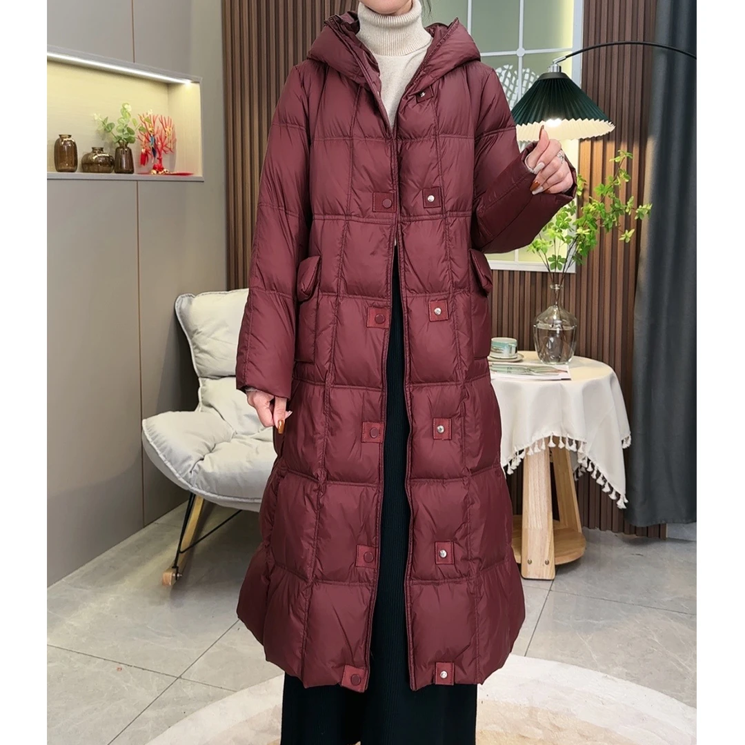 正品90%白鸭绒中长款羽绒服女冬季新款宽松显瘦连帽过膝保暖外套