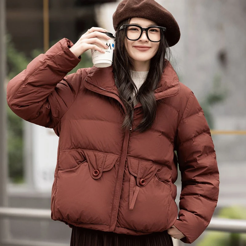 瑾桑安可拉红立领90白鸭绒羽绒服女2025冬季新款宽松保暖加厚气质