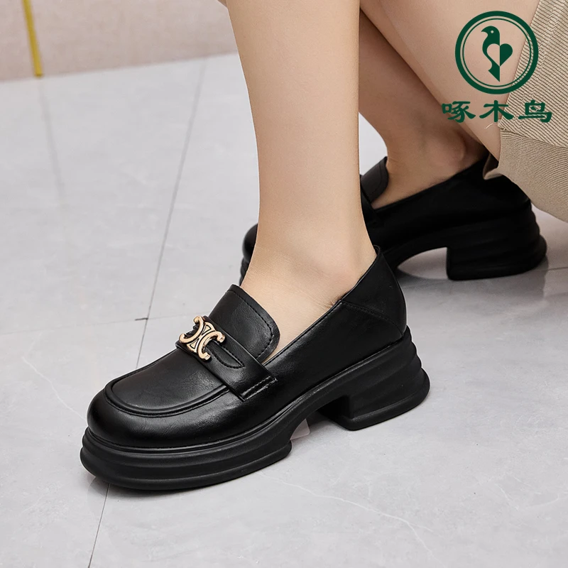 啄木鸟2024新款乐福鞋英伦风小皮鞋子百搭厚底软底单鞋一脚蹬女鞋