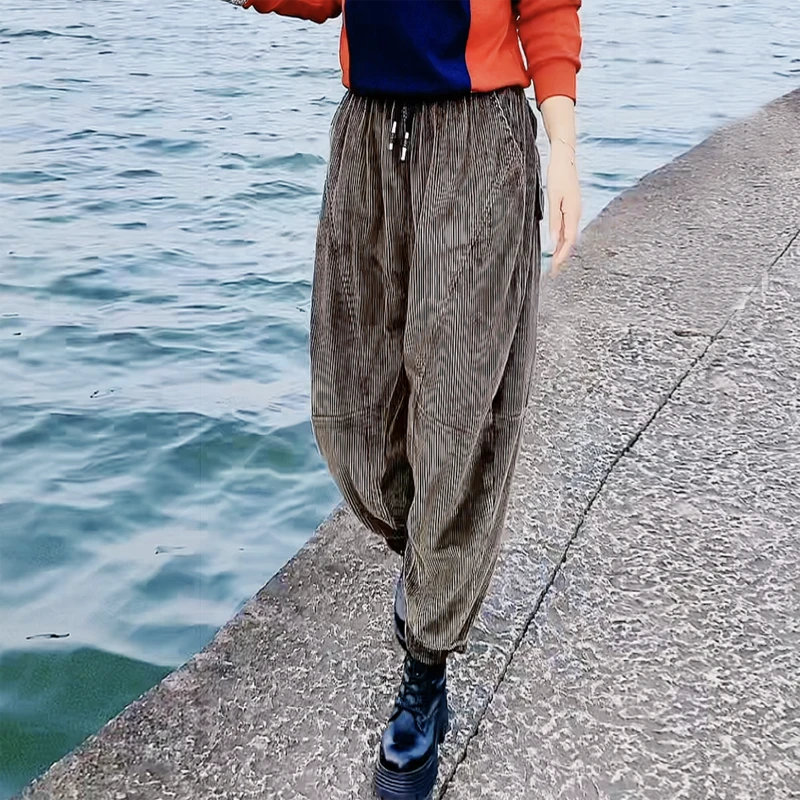 MY22375炒色砂洗石磨灯芯绒条绒显瘦气质哈伦裤老爹裤