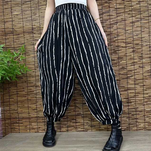 MY23136欧货潮流新款时尚显瘦灯笼裤气质竖条纹休闲裤