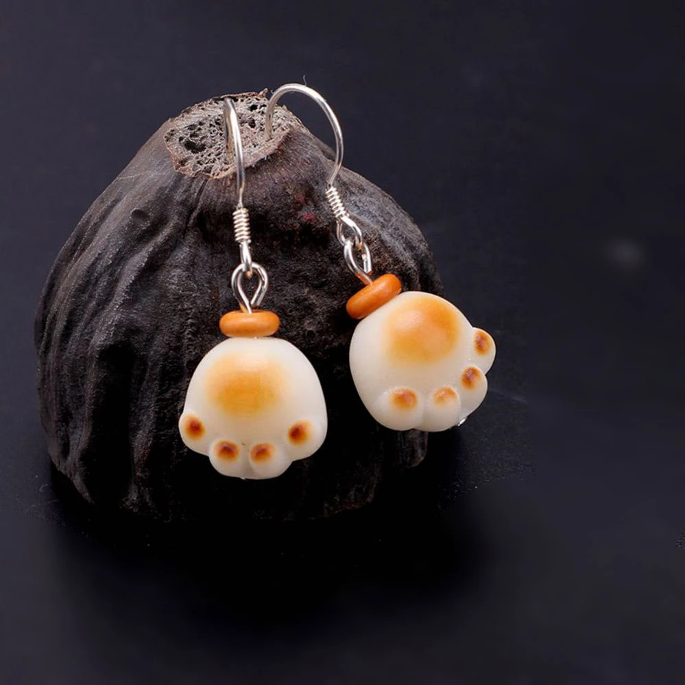 合金木质耳饰 小猫爪碳烤菩提耳环可爱猫咪耳坠女小众设计耳夹