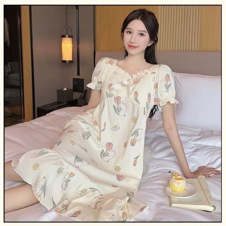 宫廷风睡裙高颜值宽松舒适甜美卡通网红夏季新款家居连衣裙带胸垫
