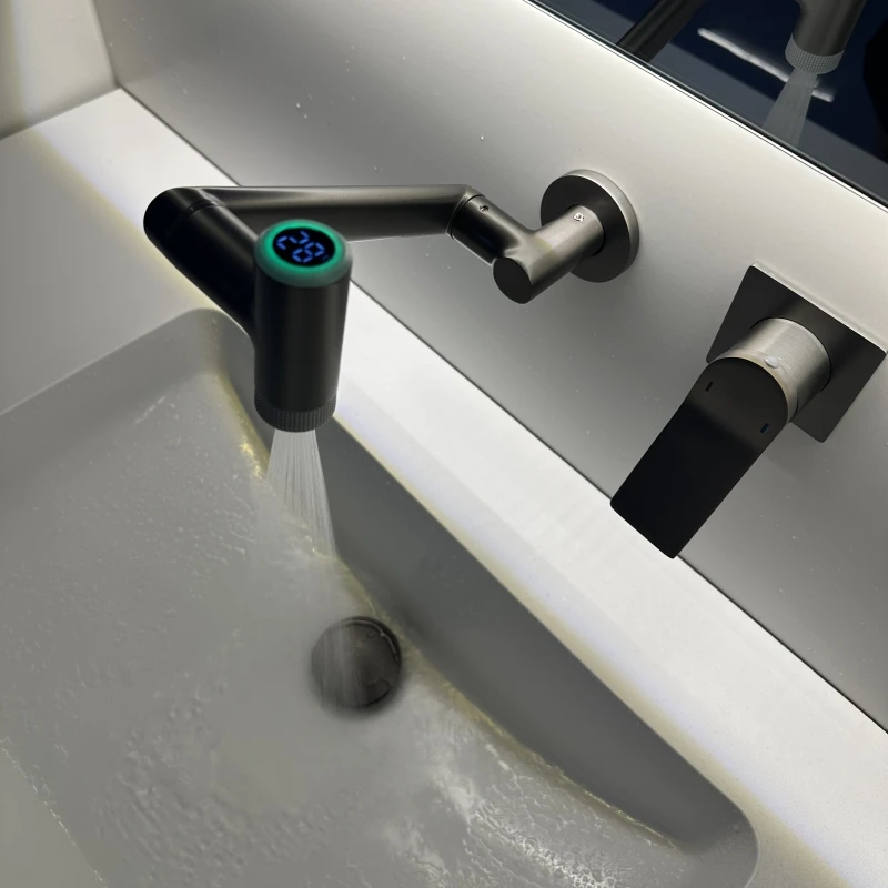 全铜数显枪灰数显暗装面盆龙头折叠预埋入墙式全铜墙出万向水龙头