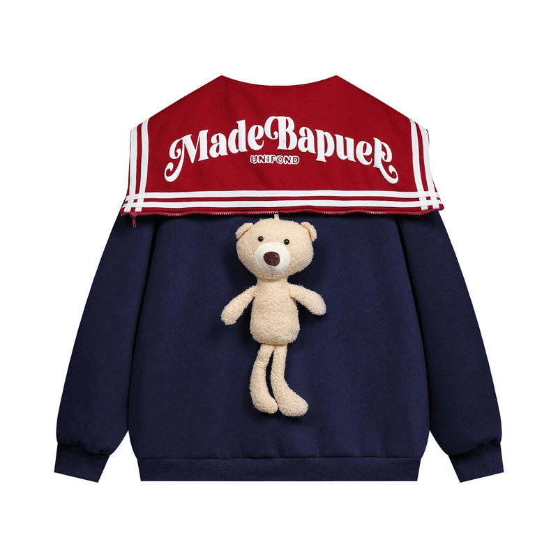 美式复古休闲卡通可爱小熊挂件装饰海军领女生卫衣日系学院风上衣