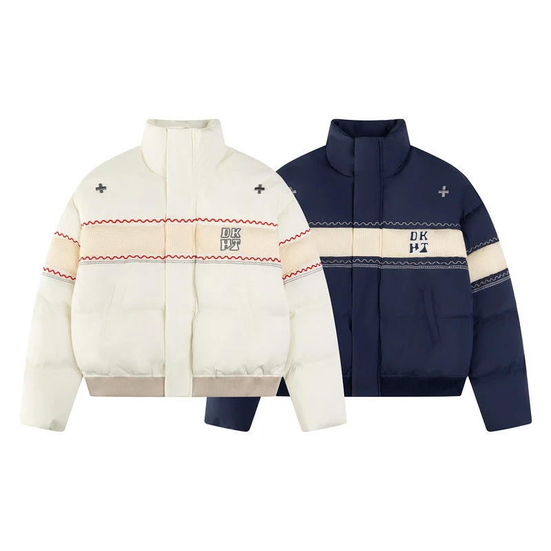 美式复古休闲潮流宽松运动拼接刺绣立领棉服外套欧美中性风棉衣