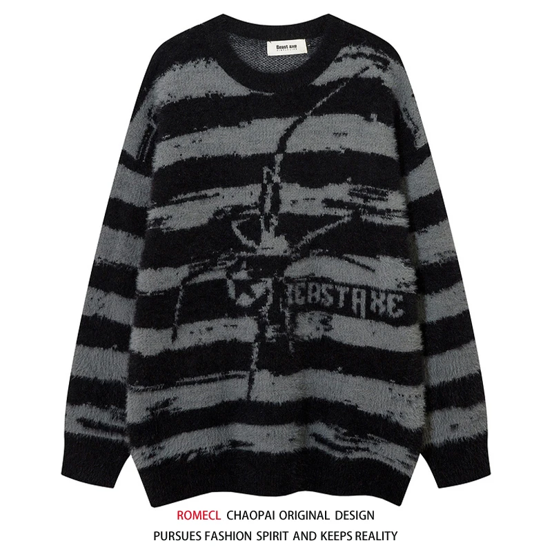 国潮美式休闲复古蜘蛛条纹毛衣男秋冬款高级感针织衫情侣装慵懒风