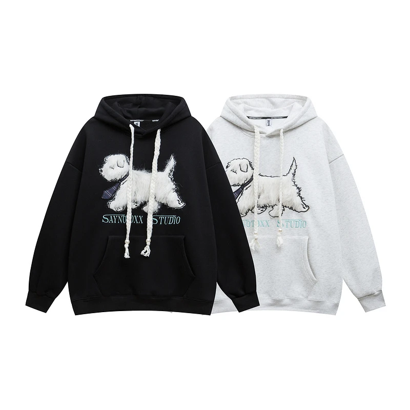 美式复古休闲潮流宽松卡通可爱猫咪连帽卫衣加绒加厚欧美帽衫女生