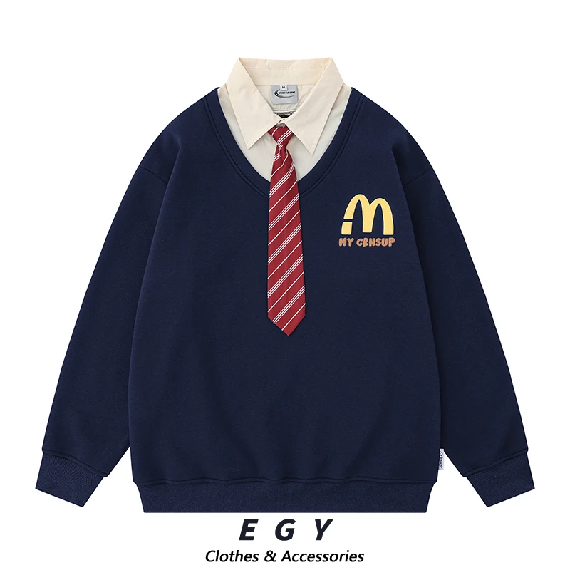 秋冬美式学院麦当劳M印花假两件衬衫带领卫衣加绒领带可拆卸情侣