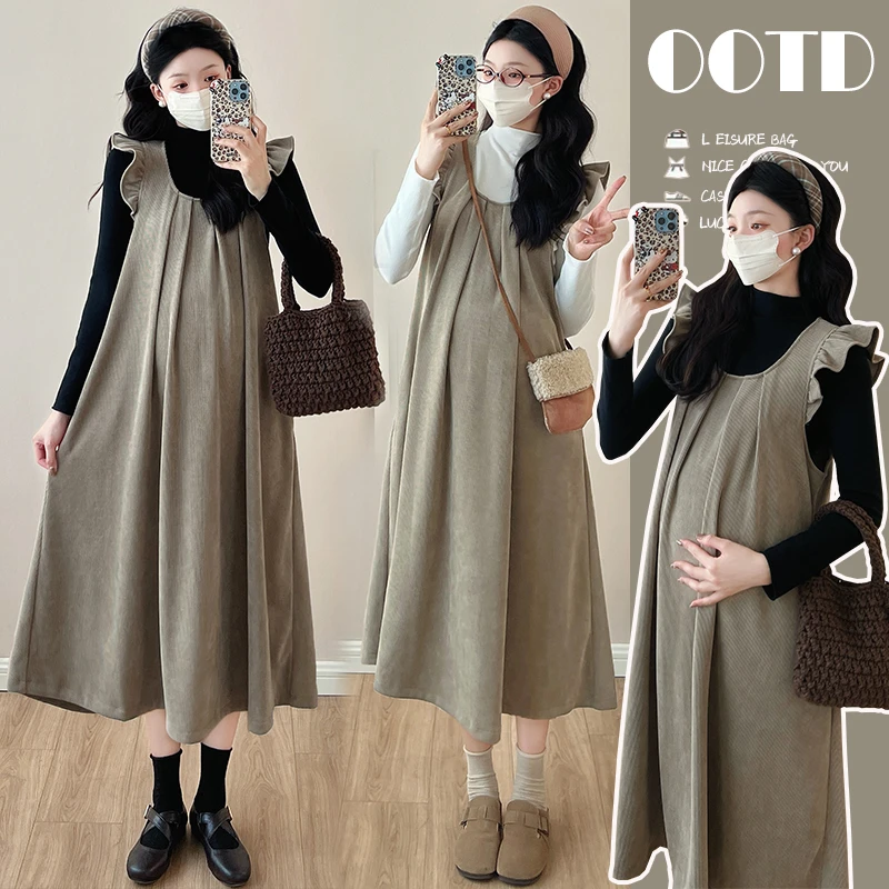 孕妇连衣裙2024秋冬新款时尚加厚棉绒A字背心裙+打底上衣两件套