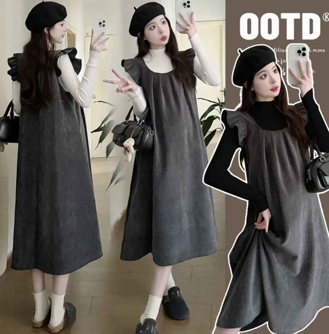 孕妇装2024秋冬新款高级感气质显瘦荷花袖背心裙+上衣两件套