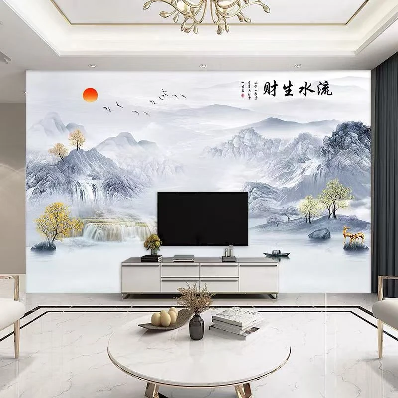 新款碳晶板电视背景墙中式山水装饰客厅护墙板无缝现代电视背景墙
