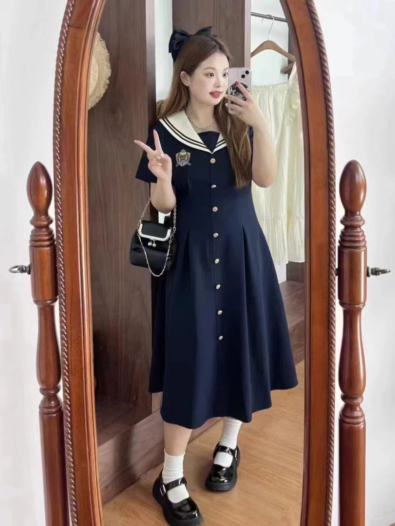 学院大码短袖女装减中长款龄连衣裙夏季新款收腰海军领娃娃领