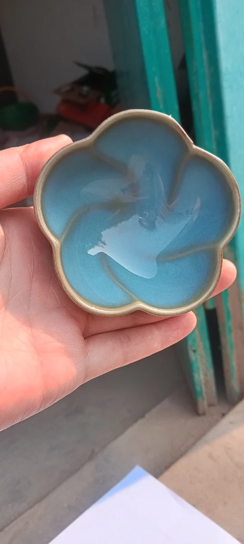 梅花杯！天蓝釉手工可养金丝铁线！优美典雅！