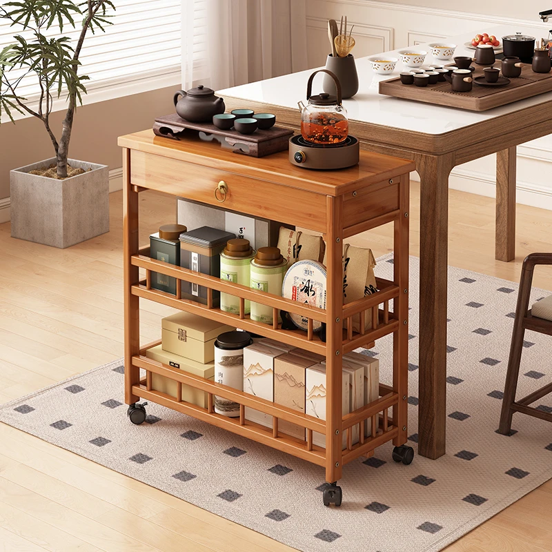 茶水柜客厅沙发边柜落地家用可移动置物架简易多层带围栏储物架子