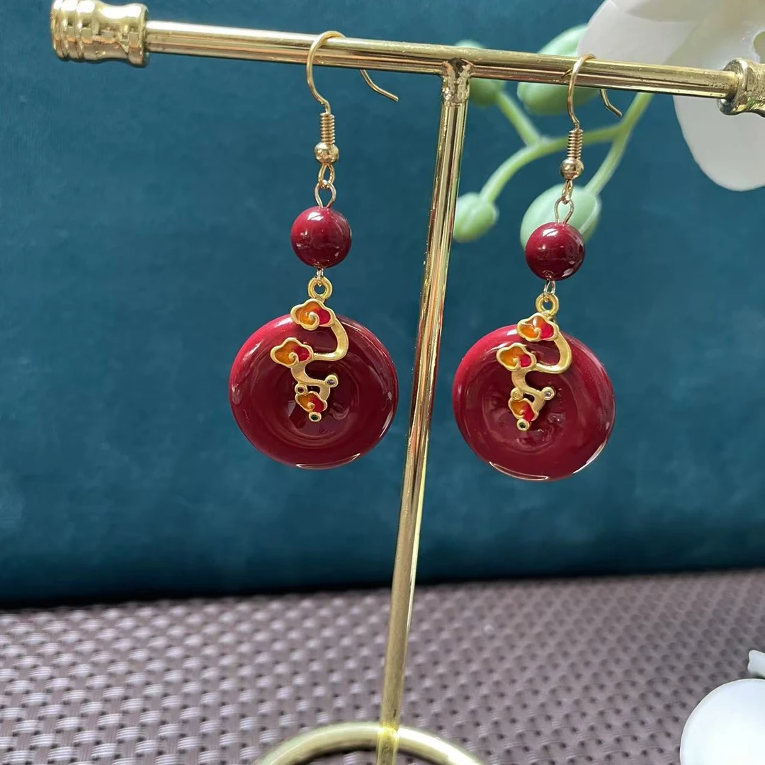 含辰砂工艺品合金耳饰原创紫砂平安扣24毫米直径耳钩