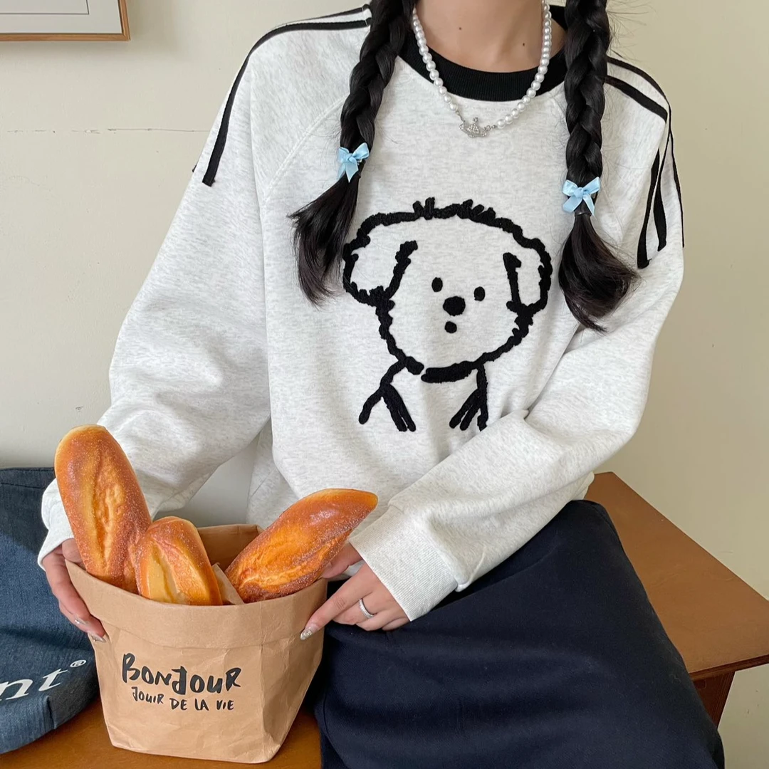 加绒简单线条狗圆领卫衣慵懒风加厚重工韩版