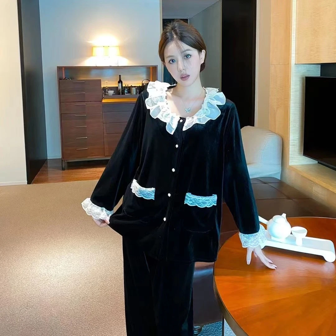 新款法式金丝绒女士睡衣女套装秋冬甜美宽松韩版长袖可外穿家居服