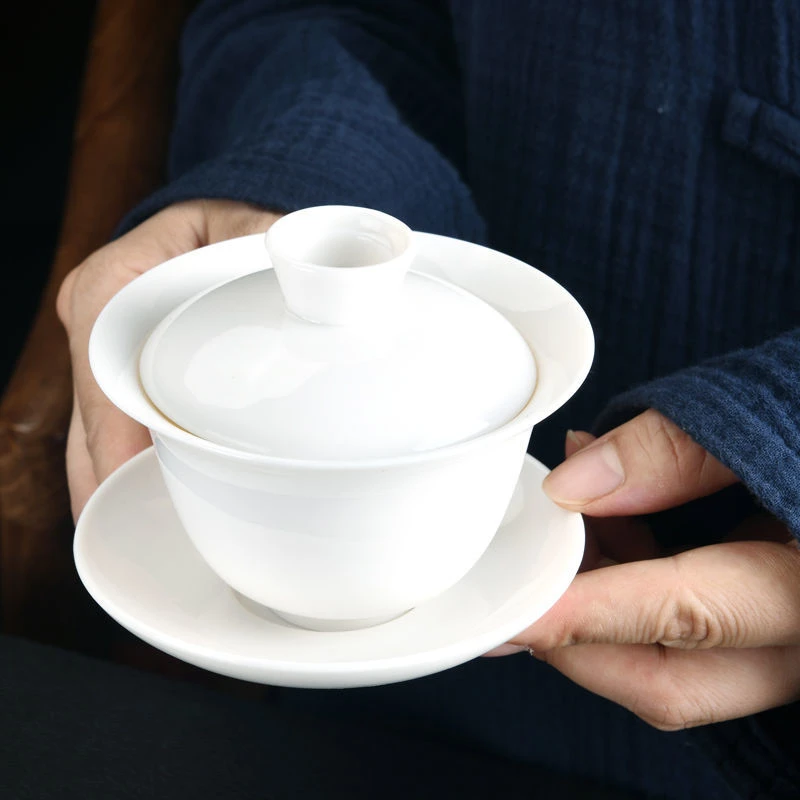 德化白瓷防烫纯白陶瓷大小号泡茶碗功夫茶具单个玉瓷三才品敬茶碗