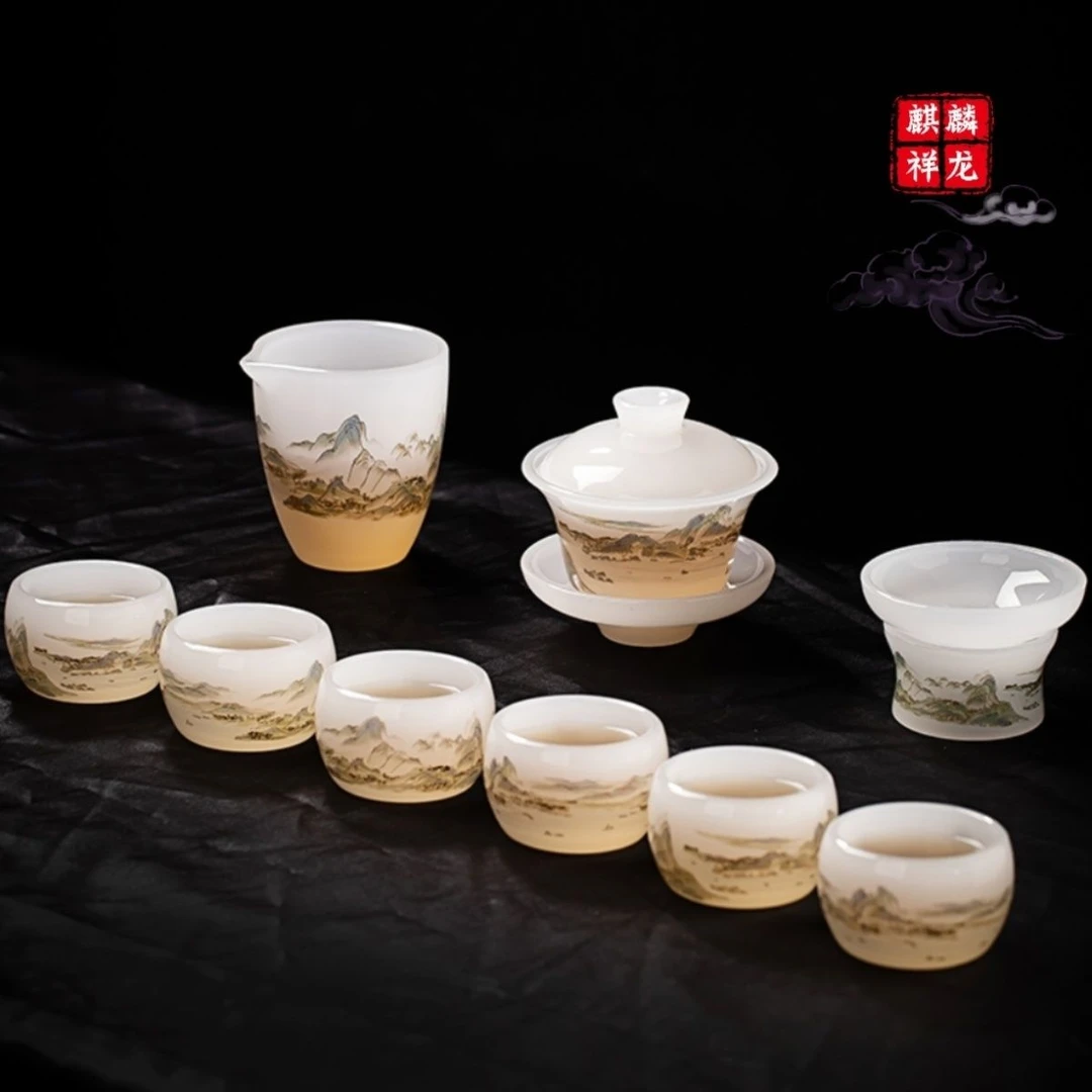 千里江山白玉琉璃茶具套装中式家用玉瓷高端简约高档玻璃茶杯送礼