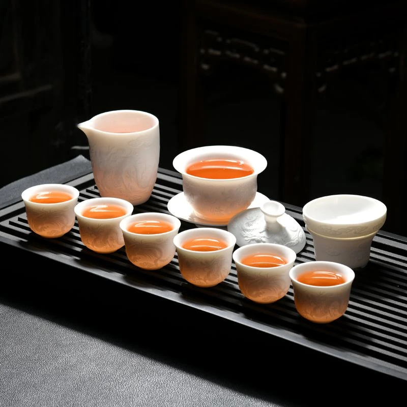 陶瓷功夫茶具套装羊脂玉瓷素烧全套简约复古整套龙凤浮雕茶杯盖碗