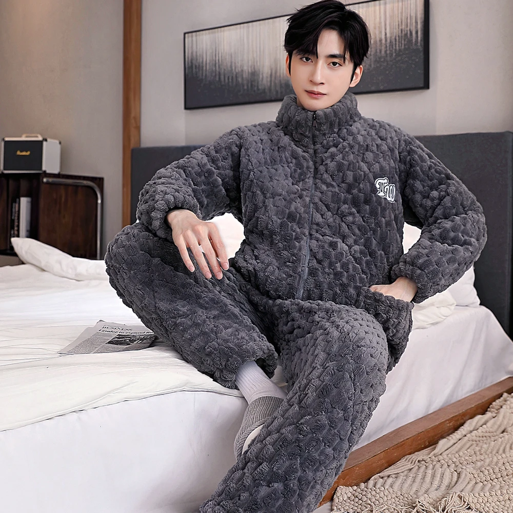 冬季睡衣男加绒加厚三层夹棉法兰绒保暖拉链立领金龟绒大码家居服