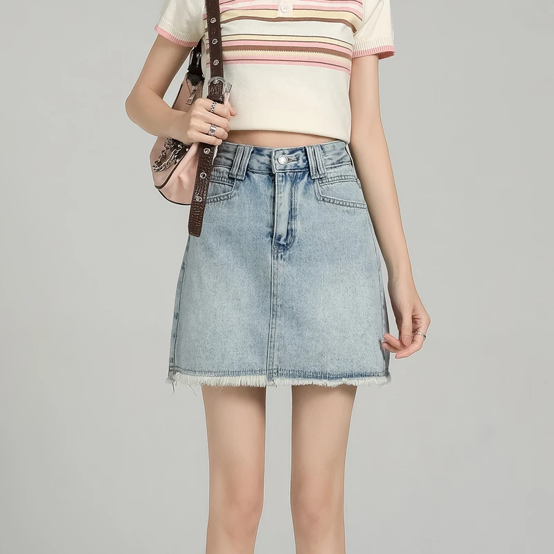 MJB 2025新款复古高腰有内衬防走光时尚百搭显瘦毛边牛仔半身短裙