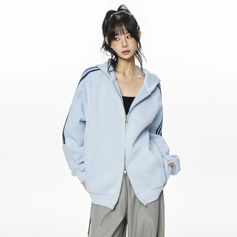 MJB 2025新款美式高街条纹连帽重磅卫衣宽松慵懒男女同款开衫外套