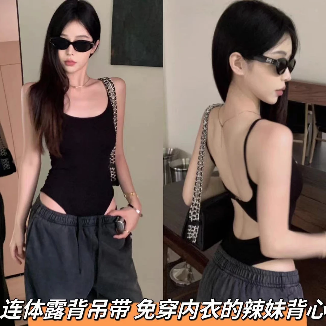 辣妹度假连体吊带小背心女夏季黑色镂空露背内搭性感紧身上衣外穿