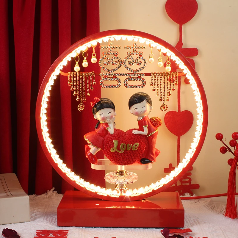 结婚台灯婚房床头灯卧室新娘陪嫁灯喜庆新人红光长明灯新婚礼物灯