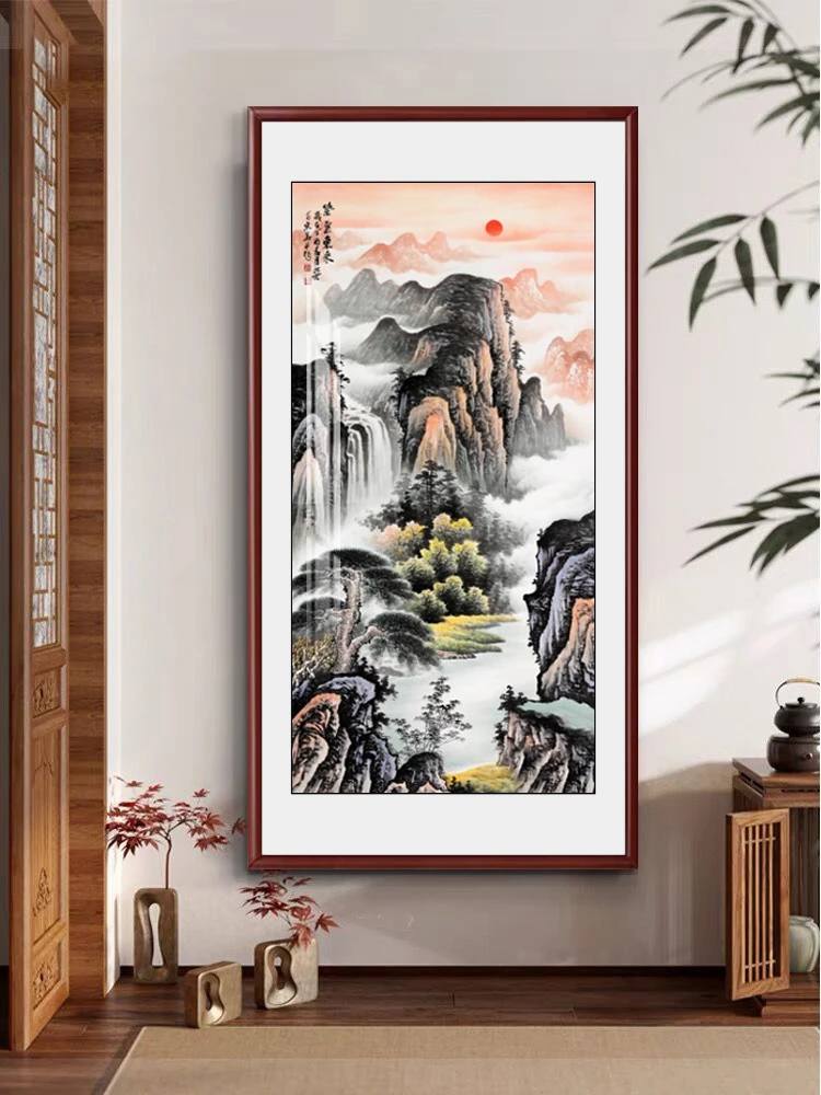 中式紫气东来入户玄关竖版装饰画山水画走廊过道办公室背景墙挂画