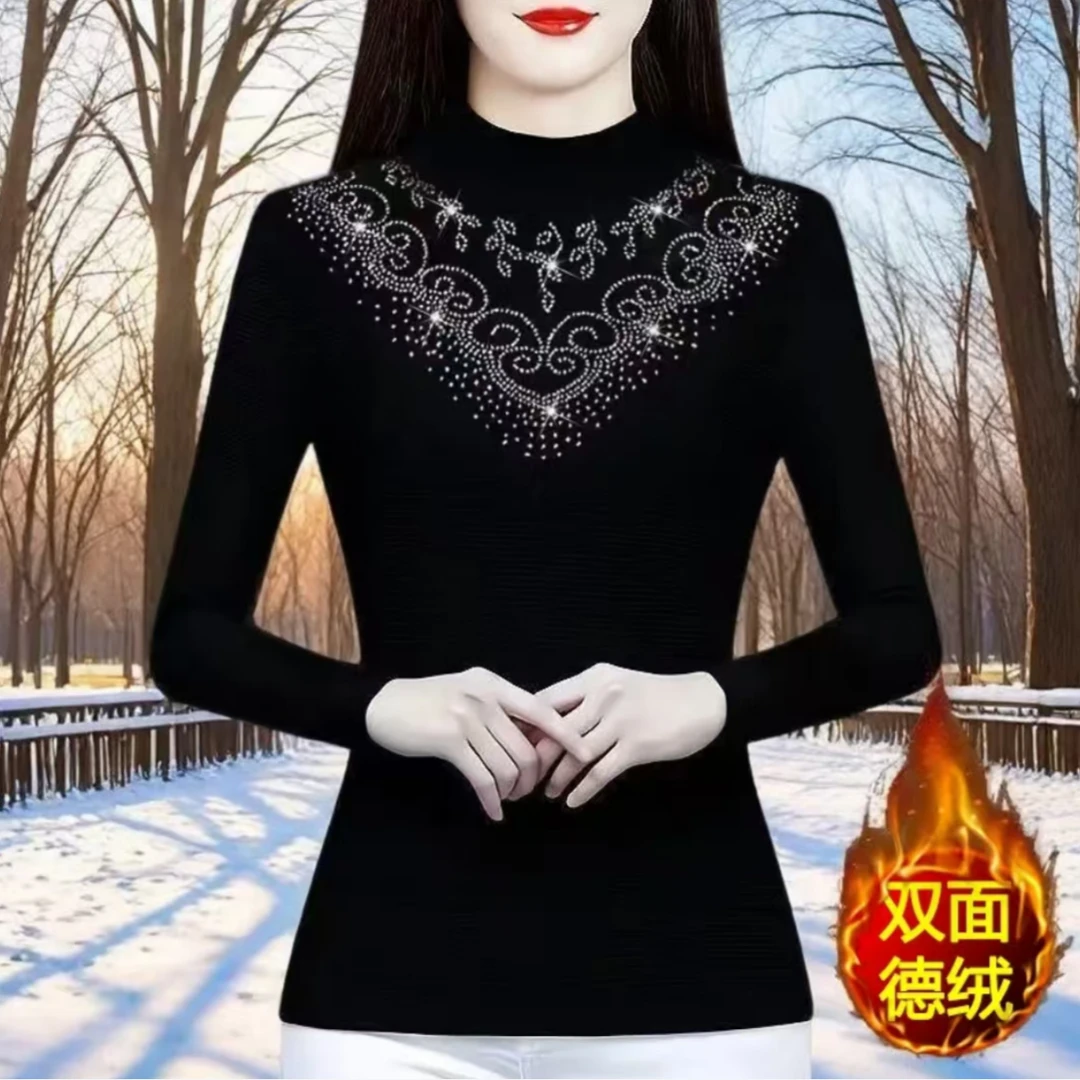 【双面德绒】保暖打底衫女黑色半高领上衣大码遮肚子气质长袖小衫女