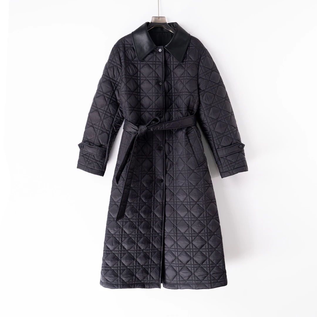 PW241130秋冬新款加厚格子棉衣棉服保暖显瘦大码长款宽松简约