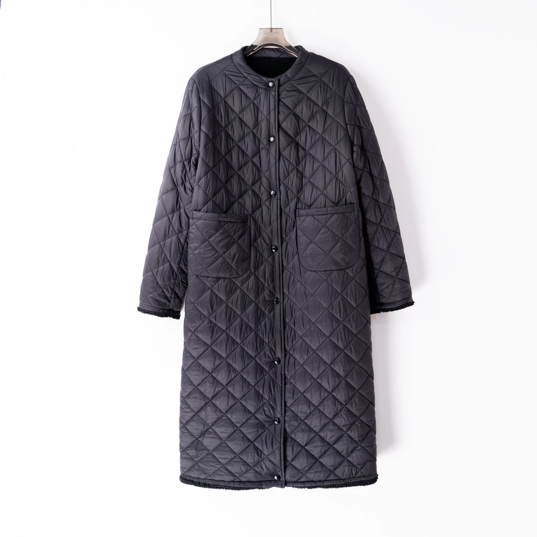 PW241146秋冬新款加厚格子棉衣棉服保暖显瘦大码正反两穿中长款