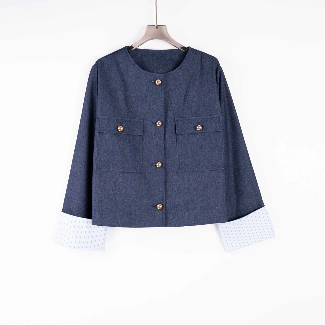 PW240924 秋冬新款牛仔外套开衫宽松时尚圆领金属扣小香风