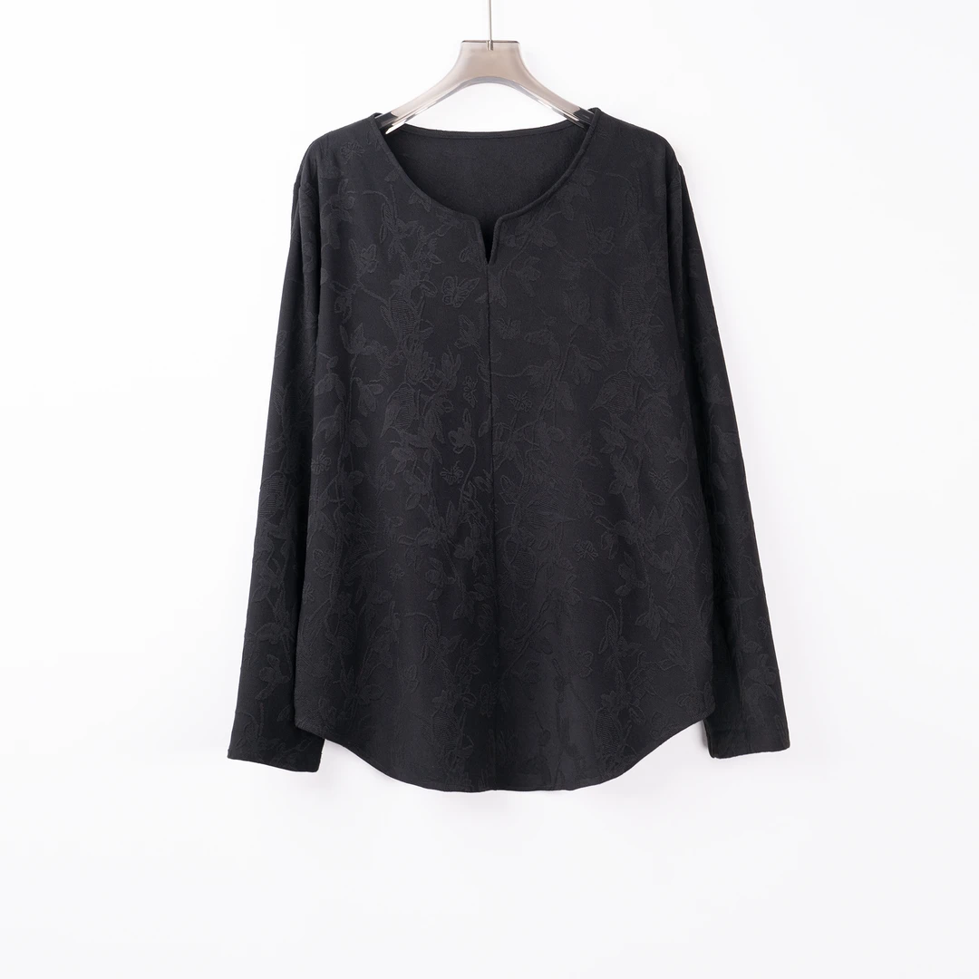 PS240809大码胖mm休闲上衣T恤小众设计提花面料长袖打底衫