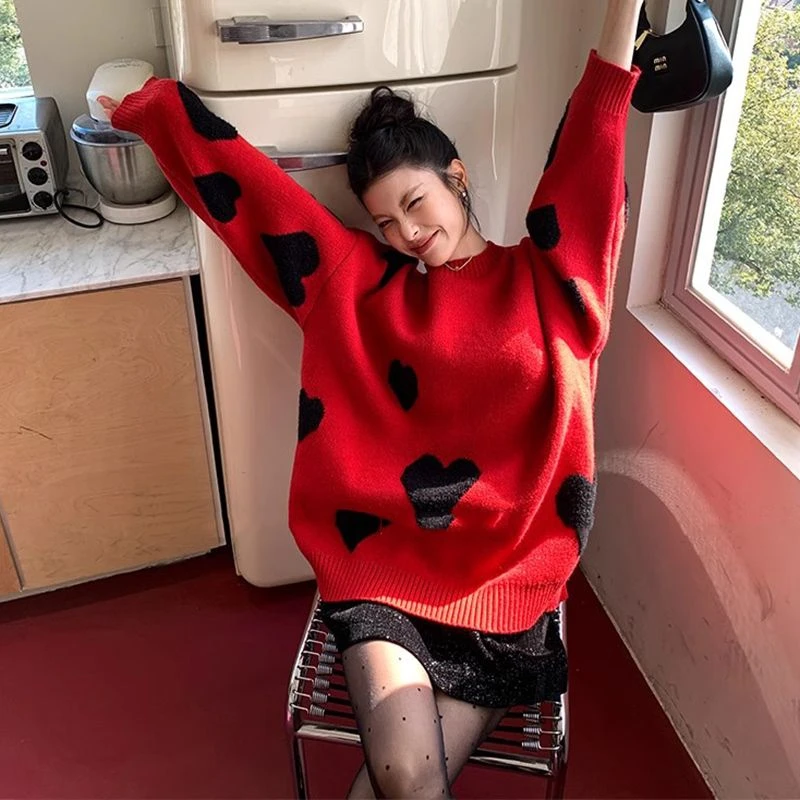 2024新款红色秋冬超出片慵懒风宽松套头针织毛衣洋气外穿圆领韩版