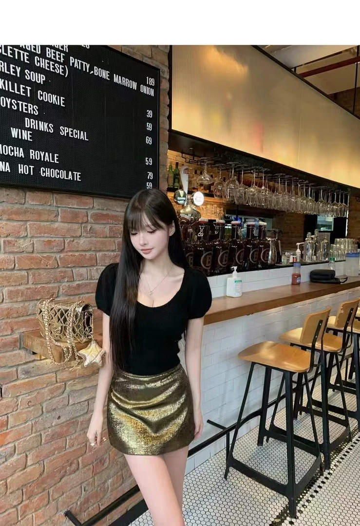 LANLAN【鎏金岁月】金色时髦感气质百搭休闲半身裙623