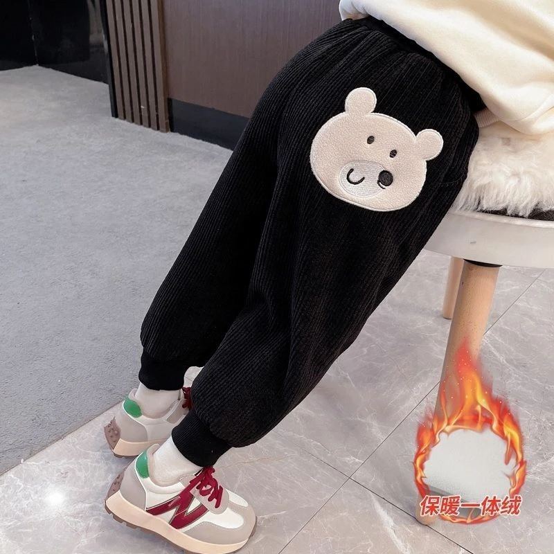 女童加绒加厚裤子秋冬装新款中小童保暖可爱卡通休闲一体绒束脚RT