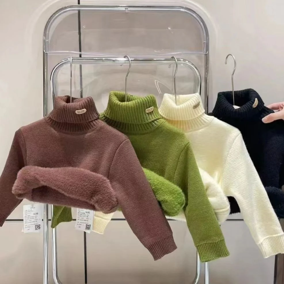 儿童毛衣加绒男童女童一体绒毛衣加厚高领新款洋气百搭针织毛衣